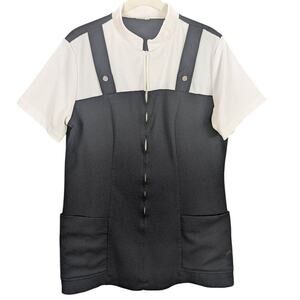Vintaage Shirt Womens Medium Black White Short Sleeve Zip Patch Pockets 1970s